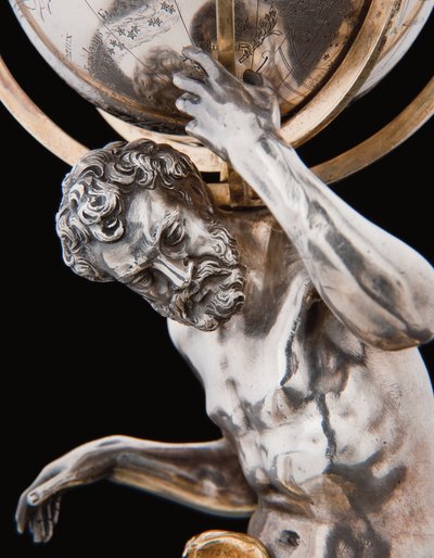 Twee uitzonderlijke aard- en hemelglobes, ondersteund door Hercules en Atlas, Augsburg door Abraham Drentwett