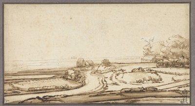 Glooiend landschap met weg en huis aan bosrand door Abraham Furnerius