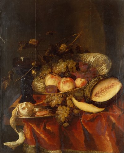 Fruit in een Wanli Craak Porseleinen Kom met een Glas, Meloen en Tinbord door Abraham Hendricksz van Beyeren