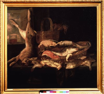 Stilleven met vissen en een dode haas door Abraham Hendricksz van Beyeren