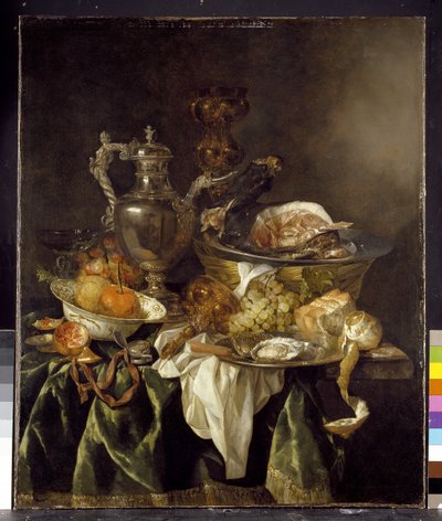 Stilleven met een zilveren wijnkan met een weerspiegeld portret van de kunstenaar door Abraham Hendricksz van Beyeren