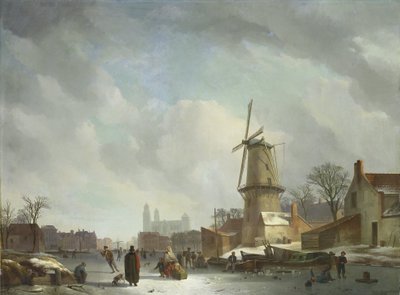 Pret op een bevroren kanaal in een stad door Abraham Johannes Couwenberg