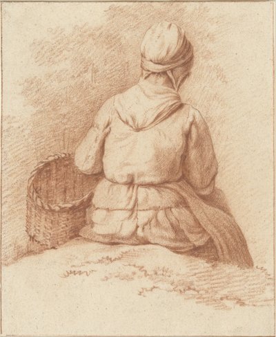 Zittende vissersvrouw met een mand aan de arm, op de rug gezien door Abraham Johannes Ruytenschildt