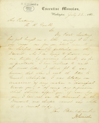 Brief ondertekend A. Lincoln, Executive Mansion, Washington, aan Zijne Excellentie, H.R. Gamble, 23 juli 1863 door Abraham Lincoln