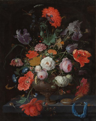 Stilleven met bloemen en een horloge door Abraham Mignon