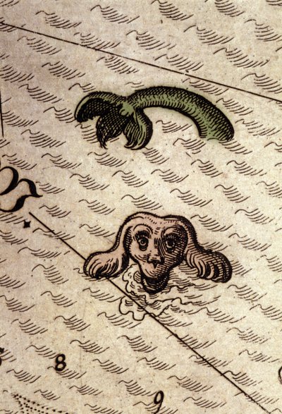 Een zeemonster heeft een hondenkop en een vissenlichaam. Detail van een kaart in Theatrum Orbis Terrarum door Abraham Ortelius, Antwerpen 1584. door Abraham Ortelius