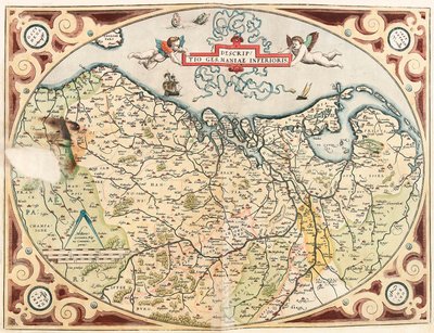 Descriptio Germaniae Inferioris Geografische kaart van het gebied van de Nederduitse Germanen uit 