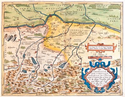 Duitsland (deelstaat: Beieren), Oostenrijk (deelstaat: Tirol, Opper-Oostenrijk, Salzburg) door Abraham Ortelius