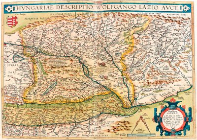 Hungarian Descriptio, Wolfgango Lazio Auct. Geografische kaart van het gebied van Hongarije uit 