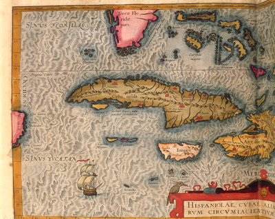 Kaart van Cuba en Jamaica, uit Theatrum Orbis Terrarum door Abraham Ortelius, gedrukt in Antwerpen door Abraham Ortelius