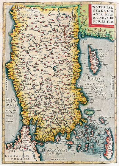 Natoliae, Quae Olim Asia Minor Nova Descriptio Geografische kaart van het gebied van Klein-Azië (Istanbul en Turkije met de eilanden Rhodos en Cyprus) uit 