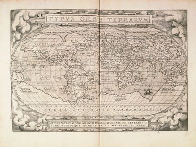 Planisfeer uit Theatrum Orbis Terrarum door Abraham Ortelius, gedrukt in Antwerpen door Abraham Ortelius