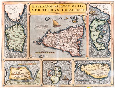 Sardinië, Sicilië, Corfu, Djerba, Elba, Malta, Italië, Griekenland, Tunesië, Malta door Abraham Ortelius