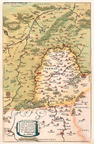 Veromanuorum Eorum que Confinium Accurssima Descript Geografische kaart van het gebied van Vermandois en Picardië in Gallië (Frankrijk) uit 