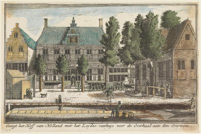Gezicht op het Hof van Holland met het Leidse veerhuis voor de overhaal aan den Overtoom door Abraham Rademaker