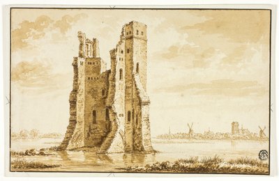 Ruïnes van het Merwede-landhuis gezien vanaf de voorkant met Dordrecht op de achtergrond door Abraham Rademaker