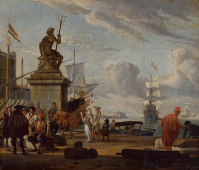 Een Capriccio Middellandse Zeehaven met elegante figuren en kooplieden door Abraham Storck