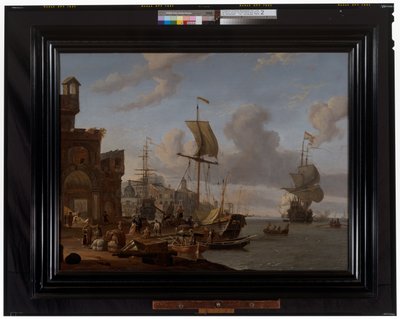 Een capriccio Middellandse Zee haven scène met kooplieden en andere figuren aan de kade door Abraham Storck