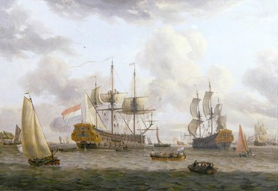 Nederlandse Scheepvaartscène in een Brede Estuarium door Abraham Storck