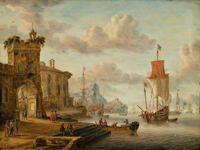 Havengezicht met oude ruïnes door Abraham Storck