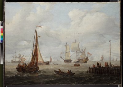 Zeegezicht met een Nederlands oorlogsschip, voor 1708 door Abraham Storck