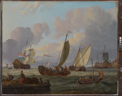 Schepen die een windmolen passeren, ca. 1690 door Abraham Storck