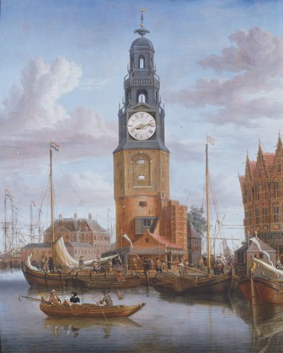 Uitzicht op de Haringspacker Toren in Amsterdam, met een werkende klok in het schilderij, 1684 door Abraham Storck