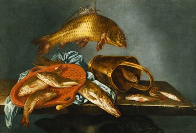 Een snoek, karper, zeelt en voorn met een zeef en een koperen emmer op een richel, 1661 door Abraham Susenier
