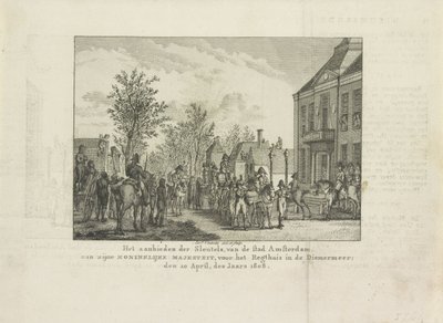 Aanbieden van de sleutels van de stad aan Lodewijk Napoleon, 1808 door Abraham Vinkeles
