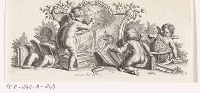 Vier putti studeren en schilderen door Abraham Zeeman