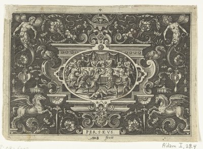 Cartouche: Phineus verstoort de bruiloft van Perseus en Andromeda door Abraham de Bruyn
