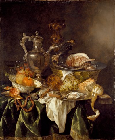 Stilleven met een Zilveren Wijnkan en een gereflecteerd portret van de kunstenaar door Abraham van Beyeren