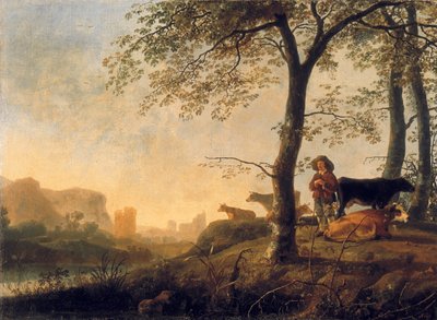 Avondlandschap met een koeherder en koeien aan de rand van een bosje, een brug en ruïnes op de achtergrond door Abraham van Calraet