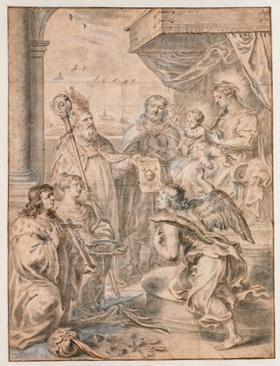 Maria met kind op troon aanbeden door drie heiligen door Abraham van Diepenbeeck