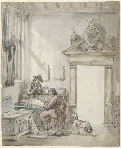 Interieurscène met schrijvende man aan een lessenaar door Abraham van Strij (I)