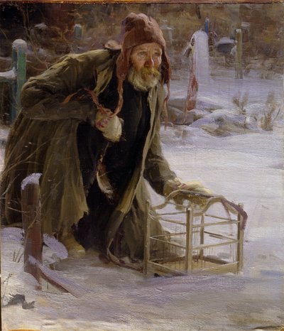 De vogelvanger. Een man in armoedige kleding knielt in de sneeuw en houdt een kooi vast door Abram Efimovich Arkhipov