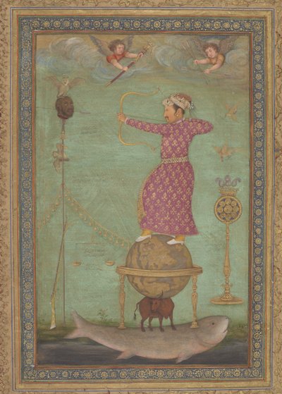 Jahangir die het hoofd van Malik Ambar schiet, begin 17e eeuw (dekkende aquarel, inkt  goud op papier) door Abu