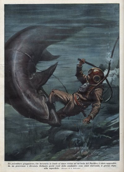 Een Japanse duiker met een scaphandler werd verslonden door een haai in de Stille Oceaan. Illustratie door Achille Beltrame uit 