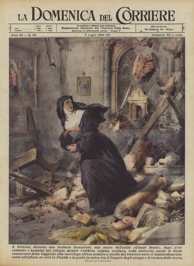 In Livorno, tijdens een barbaarse aanval, een non van de Giosue Borsi kleuterschool, na het begeleiden van ? door Achille Beltrame