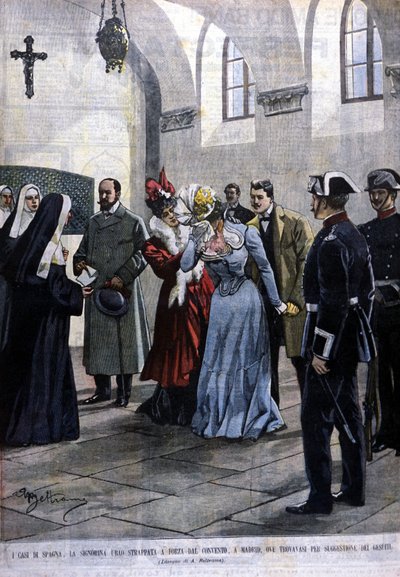 In Madrid wordt een jonge vrouw, juffrouw Ubao, uit het kloosterleven gehaald waar ze zich bevond op suggestie van de Jezuïeten. Illustratie door Beltrame. La Domenica del corriere. 1901. door Achille Beltrame