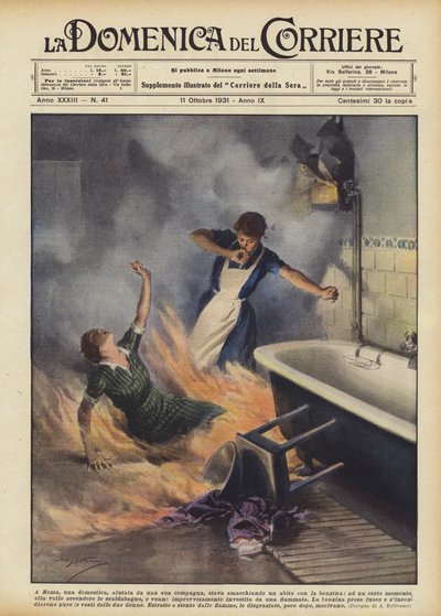 In Rome was een dienstmeid, geholpen door een vriendin, een jurk aan het schoonmaken met benzine door Achille Beltrame
