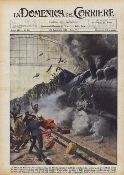In Saitz, in Moravië (Tsjechoslowakije), een trein die het station binnenreed ? door Achille Beltrame