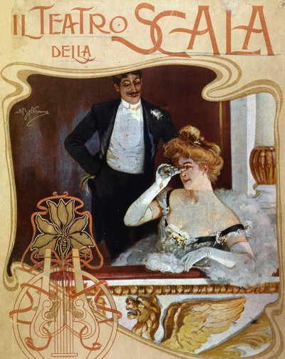 Een stel in een kleedkamer in het Teatro alla Scala. De jonge vrouw observeert de scène met een verrekijker. Illustratie door Achille Beltrame. door Achille Beltrame