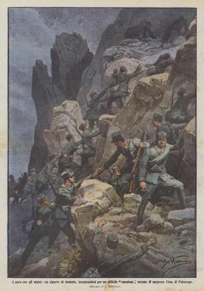 Wedijver met de alpini, een infanterie-eenheid beklimt een moeilijke kloof en bezet door Achille Beltrame