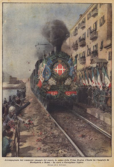 Begeleid door het ontroerde eerbetoon van het volk, reisde het lichaam van de eerste koningin van Italië door Achille Beltrame
