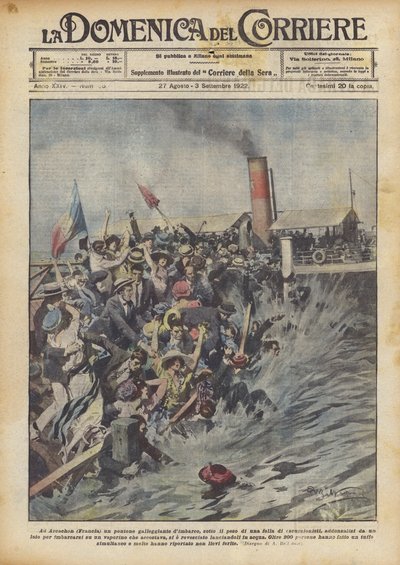In Arcachon (Frankrijk) een drijvend ponton, onder het gewicht van een menigte door Achille Beltrame