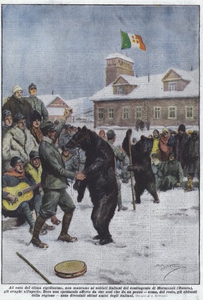 Ondanks het zeer strenge klimaat, ontbreekt het de Italiaanse soldaten van het contingent in Moermansk niet aan... door Achille Beltrame