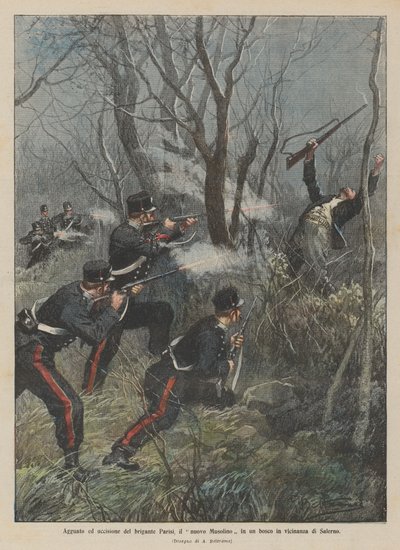 Hinderlaag en moord op de bandiet Parisi, de nieuwe Musolino in een bos nabij Salerno door Achille Beltrame