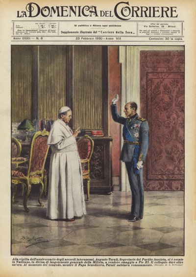 Aan de vooravond van de verjaardag van de Lateraanse Akkoorden, Augusto Turati, secretaris van de partij door Achille Beltrame
