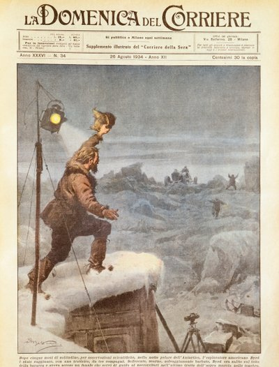 Amerikaanse ontdekkingsreiziger, Richard E Byrd, vergezeld door metgezellen in Antarctica na vijf maanden alleen te zijn geweest, door Achille Beltrame, illustratie, Illustrator Achille Beltrame (1871-1945), uit La Domenica del Corriere, 26 augustus 1934 door Achille Beltrame
